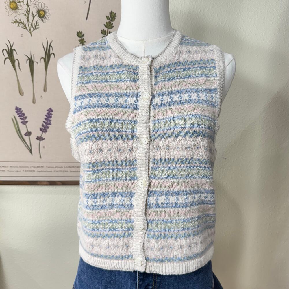Vintage Fair Isle Linen Sweater Vest Coastal Grandma Cottage Prairie Coquette M